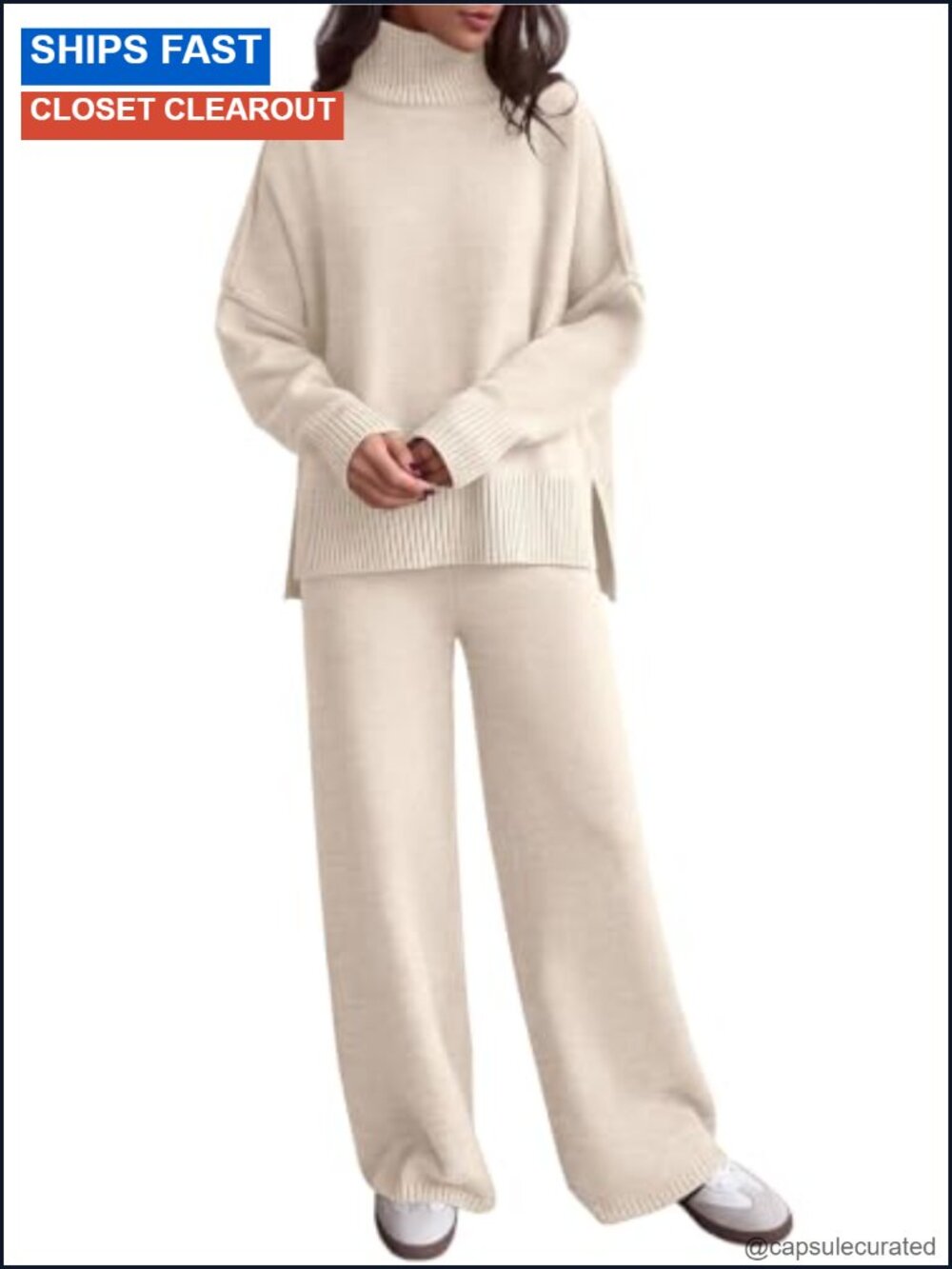 2 Piece Knit Lounge Set Mock Neck Oversized Pullover Wide Leg Pants